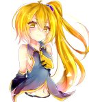  1girl absurdres akita_neru bare_shoulders blonde_hair blush breasts commentary detached_sleeves frown grey_shirt hair_tie highres long_ponytail looking_at_viewer midriff navel necktie no_legs ponytail shirt short_hair sideboob sleeveless sleeveless_shirt solo upper_body vocaloid xaruex yellow_eyes yellow_neckwear 