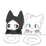  ambiguous_gender anthro black_fur black_sclera blue_eyes blush canid canine canis changed_(video_game) chano cub digital_media_(artwork) dish duo fur lin_(changed) mammal paws puro_(changed) smile text wolf young 