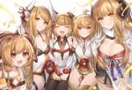  .com_(cu_105) 5girls :d andira_(granblue_fantasy) anila_(granblue_fantasy) animal_ear_fluff animal_ears bangs bare_shoulders black_legwear black_skirt blonde_hair blush breasts brown_eyes brown_hair circlet cleavage closed_mouth commentary_request crop_top curled_horns detached_sleeves dog_ears draph dress eyebrows_visible_through_hair fangs feathers granblue_fantasy hair_between_eyes hair_feathers hair_ribbon harvin horn_ribbon horns kuvira_(granblue_fantasy) large_breasts long_hair long_sleeves mahira_(granblue_fantasy) medium_breasts multiple_girls open_mouth pantyhose parted_lips pleated_skirt pointy_ears red_eyes red_ribbon ribbon ribbon-trimmed_skirt ribbon_trim sheep_horns short_eyebrows sitting skirt sleeveless sleeveless_dress smile thick_eyebrows two_side_up vajra_(granblue_fantasy) very_long_hair white_background white_dress white_feathers white_sleeves 