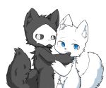  ambiguous_gender anthro black_fur black_sclera black_tail blue_eyes blush canid canine canis changed_(video_game) chano cub digital_media_(artwork) duo fur lin_(changed) looking_at_viewer mammal paws puro_(changed) solo standing white_fur white_tail wolf young 