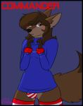  2019 anthro bulge canid canine canis clothed clothing commanderthings digital_media_(artwork) front_view fur fuzzy_handcuffs hair handcuffs long_hair looking_at_viewer male mammal portrait shackles simple_background solo standing text three-quarter_portrait turtleneck wolf 