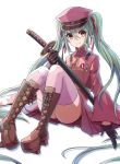  1girl 23-0 absurdly_long_hair black_gloves boots brown_footwear floating_hair gloves green_hair hair_between_eyes hair_ribbon hat hatsune_miku holding holding_sword holding_weapon jacket katana long_hair long_sleeves looking_at_viewer military_hat military_jacket miniskirt pink_jacket pink_legwear pleated_skirt purple_hat purple_skirt red_eyes red_ribbon ribbon senbon-zakura_(vocaloid) sheath sheathed skirt smile solo sword thighhighs twintails very_long_hair vocaloid weapon wide_sleeves zettai_ryouiki 