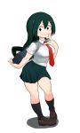  1girl :&gt; asui_tsuyu bag black_bag black_eyes black_hair blush boku_no_hero_academia breasts brown_footwear commentary_request frog_girl hair_between_eyes hair_rings highres invisiblewanwano kneehighs large_breasts long_hair looking_at_viewer low-tied_long_hair necktie pleated_skirt red_neckwear school_uniform shoes short_sleeves simple_background skirt solo white_background 