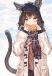  1girl animal_ears bangs black_hair blush cat_ears cat_tail cloud coat commentary_request day duffel_coat eating eyebrows_visible_through_hair food green_eyes highres holding holding_food long_hair long_sleeves looking_at_viewer open_clothes open_coat original outdoors plaid plaid_scarf ran&#039;ou_(tamago_no_kimi) scarf sky solo tail taiyaki upper_body wagashi winter_clothes winter_coat 
