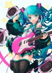  .sin 1girl aqua_eyes aqua_hair boots detached_sleeves electric_guitar guitar hatsune_miku headset highres instrument jumping long_hair nail_polish necktie open_mouth pleated_skirt skirt solo speaker thigh_boots thighhighs twintails very_long_hair vocaloid 