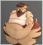  anthro belly belly_overhang big_belly big_butt brown_fur butt chubby_cheeks clothed clothing fruitsloops fur grey_background huge_butt hyaenid love_handles male mammal midriff moobs navel obese obese_male overweight overweight_male shirt simple_background solo striped_hyena tank_top thick_thighs torn_clothing wide_hips 