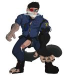  absurd_res ape belt black_fur black_hair clothed clothing cum cut_(disambiguation) erection eyewear fangs feet footwear fur fur_growth glasses glowing glowing_eyes growth hair hi_res justinfox male mammal muscle_growth muscular necktie oozaru partially_clothed police police_uniform precum primate red_eyes shoes simple_background snout_growth solo torn_clothing transformation uniform vein 