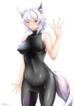  1girl animal_ear_fluff animal_ears artist_name bangs bare_arms bare_shoulders black_bodysuit bodysuit breasts collarbone commentary_request covered_navel cowboy_shot erect_nipples eyebrows_visible_through_hair groin hair_between_eyes hand_up highres inubashiri_momiji inyuppo latex_bodysuit looking_at_viewer medium_breasts navel no_hat no_headwear parted_lips red_eyes shiny shiny_clothes short_hair signature silver_hair simple_background sleeveless sleeveless_bodysuit solo standing stomach tail thighs touhou white_background wolf_ears wolf_tail 