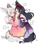  2girls ahoge animal_ears arm_around_shoulder bare_shoulders black_hair blush bow choker copyright_name detached_sleeves dress elin_(tera) extra_ears hair_bow hand_holding hand_on_another&#039;s_cheek hand_on_another&#039;s_face holding_another korean_clothes lips long_hair long_sleeves looking_at_another mini_wings multiple_girls nail_polish pink_dress pink_eyes purple_dress red_bow red_eyes sash silver_hair simple_background sleeveless sleeveless_dress srinitybeast tail tera_online upper_body very_long_hair white_background white_choker wide_sleeves 