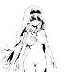  1girl absurdres blindfold breasts bridal_gauntlets cowboy_shot elbow_gloves ghettoyouth gloves goblin_slayer! habit highres jewelry large_breasts long_hair medium_breasts necklace nipples parted_lips pubic_hair simple_background solo sword_maiden thigh_gap very_long_hair white_background 