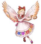  1girl angel_wings blonde_hair bow bracelet brown_footwear chains dress floral_print flower frills full_body gengetsu hair_bow hair_ribbon highres jewelry laurels looking_at_viewer lotus_land_story mefomefo open_mouth petals pink_bow red_bow ribbon short_hair short_sleeves simple_background smile solo touhou touhou_(pc-98) vest white_background white_dress wings yellow_eyes 