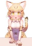  1girl absurdres animal_ear_fluff animal_ears animal_print back_bow bare_shoulders blonde_hair blush bow cat_ears cat_print cat_tail commentary deku_suke elbow_gloves fangs frilled_skirt frills gloves high-waist_skirt highres kemono_friends multicolored_hair open_mouth pleated_skirt print_gloves print_skirt sand_cat_(kemono_friends) short_hair skirt sleeveless solo sparkle tail wide-eyed yellow_eyes 