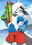  anthro blue_eyes clothed clothing dragon eyewear fur furred_dragon goggles gyoza_(character) hair hand_on_hip holding_object hybrid male solo topless unousaya water_gun white_hair 