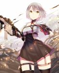  1girl asakiri_koko black_legwear breasts brown_eyes choker commentary explosive eyebrows fire girls_frontline gloves grenade looking_to_the_side short_hair skirt solo thighhighs thighs vector_(girls_frontline) white_hair 