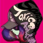  1girl baseball_cap blue_hair closed_mouth clothes_writing dedf1sh gradient_hair green_skin hat highres hitsuji_(pixiv2228990) hood hood_up long_hair multicolored_hair octarian pink_background portrait profile red_hair simple_background solo splatoon splatoon_(series) splatoon_2 splatoon_2:_octo_expansion suction_cups sunglasses tentacle_hair two-tone_hair upper_body 