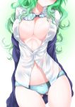  1girl arms_behind_back blush bra bra_lift breasts buttons cardigan cleavage collarbone collared_shirt curly_hair facing_viewer g_(desukingu) gluteal_fold green_hair head_out_of_frame highres large_breasts long_hair long_sleeves navel no_pants off_shoulder open_cardigan open_clothes original panties partially_unbuttoned see-through shirt skindentation sleeves_past_wrists solo stomach underwear upper_body white_shirt wing_collar 