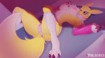  2019 anthro anus armwear black_sclera breasts bridal_gauntlets canid canine clothing digimon digimon_(species) digital_media_(artwork) female fur looking_at_viewer lying mammal nipples nude pussy renamon solo spread_legs spreading valkoinen white_fur yellow_fur 