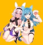  2girls animal_ears ankle_ribbon bangs bare_shoulders bell bell_collar black_bow black_legwear black_neckwear blue_eyes blue_hair blush borrowed_character bow breasts collar commentary cross-laced_clothes denim detached_sleeves dress english_commentary eyebrows_visible_through_hair fangs flat_chest from_above gloves hairband highres holding_arms hoshi_usagi jeans kneeling long_hair long_sleeves looking_at_viewer medium_breasts medium_hair midriff multiple_girls necktie open_mouth original pants paw_gloves paws purple_eyes ribbon ribbon-trimmed_sleeves ribbon_trim shirt short_shorts shorts simple_background sleeveless sleeveless_dress sleeveless_shirt sleeves_past_fingers sleeves_past_wrists smile strapless strapless_dress thigh_strap thighhighs waving white_dress white_hair white_legwear white_shirt yellow_background 