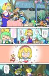  6+girls alice_margatroid arms_up black_hair blonde_hair blue_dress blue_eyes bowl bowl_hat capelet check_translation chibi cirno clownpiece comic daiyousei day dress eyes_closed from_side green_dress green_hair hair_ribbon hands_on_own_cheeks hands_on_own_face hat headdress highres japanese_clothes kaenbyou_rin kaenbyou_rin_(cat) kimono kirisame_marisa lance luna_child minigirl moyazou_(kitaguni_moyashi_seizoujo) multiple_girls outdoors polearm puppet_rings puppet_show red_eyes red_hair ribbon sekibanki shanghai_doll side_ponytail sitting_on_animal smile star_sapphire stone_wall sukuna_shinmyoumaru sunny_milk table tablecloth touhou translation_request wall weapon witch_hat yellow_neckwear 
