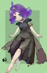  1girl acerola_(pokemon) armlet barefoot black_dress blue_eyes border child choker collarbone costom10 creatures_(company) dress full_body game_freak green_background hair_ornament highres long_dress nintendo pokemon pokemon_(game) pokemon_sm purple_hair short_hair smile solo toes 