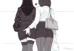  2girls artist_name ass ass_grab back-seamed_legwear bag business_suit chikan commentary english_commentary facing_away fingering fingering_from_behind fingering_through_clothes formal from_behind futomomomoe grabbing_another&#039;s_ass greyscale groping handbag heart long_hair monochrome multiple_girls office_lady original pantyhose pencil_skirt seamed_legwear simple_background sketch skirt suit thighhighs through_clothes watch wristwatch yuri zettai_ryouiki 
