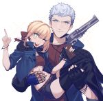  1boy 1girl black_gloves blonde_hair blue_rose_(gun) carrying crop_top cropped_jacket crossover devil_may_cry devil_may_cry_5 fate/extra fate_(series) gloves green_eyes gun highres holding jacket jewelry liangchanxingmingrixiang mechanical_arm midriff namesake necklace nero_(devil_may_cry) nero_claudius_(fate) nero_claudius_(fate)_(all) one_eye_closed pointing princess_carry shorts simple_background single_glove smile thighhighs thighs ultra_asuka weapon white_background white_hair 
