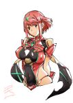  1girl arms_behind_back bangs blush breasts covered_navel highres homura_(xenoblade_2) large_breasts looking_at_viewer nintendo red_eyes red_hair shikishima_gangu shoulder_armor sidelocks simple_background smile solo swept_bangs tiara white_background xenoblade_(series) xenoblade_2 