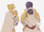  2boys 2girls alfonse_(fire_emblem) blonde_hair blue_hair braid braided_bun brother_and_sister brown_gloves cape carrying child closed_mouth crown_braid double_bun eyes_closed father_and_daughter fire_emblem fire_emblem_heroes from_behind fur_cape gloves gradient_hair grey_background gustav_(fire_emblem) henriette_(fire_emblem) holding husband_and_wife long_hair long_sleeves mother_and_daughter mother_and_son multicolored_hair multiple_boys multiple_girls nintendo open_mouth pink_hair sasaki_(dkenpisss) sharena short_hair siblings signature simple_background sleeping tree_branch younger 