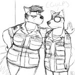  2019 anthro army big_breasts black_and_white breasts canid canine canis clothed clothed_breasts clothing domestic_dog english_text eyewear fox glasses mammal military monochrome nervous peggy_patterson savagelyrandom soldier sweat text uniform wide_hips 