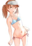  1girl bikini blue_bikini_top brown_eyes brown_hair collarbone commentary_request cowboy_shot flat_chest highres kabayaki_namazu kantai_collection long_hair looking_at_viewer lowleg lowleg_bikini mismatched_bikini navel open_mouth red_bikini_bottom ryuujou_(kantai_collection) side-tie_bikini simple_background solo standing striped_bikini_top swimsuit twintails visor_cap white_background 