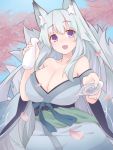  1girl :d alcohol animal_ear_fluff animal_ears bangs bare_shoulders blue_kimono blush borrowed_character bottle breasts byakusen_(amabiko_kote) cherry cherry_blossoms cleavage collarbone cup day dripping eyebrows_visible_through_hair food fox_ears fox_girl fox_tail fruit highres japanese_clothes kimono large_breasts long_hair looking_at_viewer multiple_tails nose_blush obi off_shoulder open_mouth original outdoors petals purple_eyes sakazuki sake sake_bottle sash sawara_(starligtvision) silver_hair sky smile solo tail tokkuri very_long_hair 