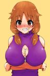  1girl after_paizuri arms_under_breasts breasts brown_hair cleavage_cutout crossed_arms cum cum_on_body cum_on_breasts cum_on_upper_body eyebrows_visible_through_hair grin idolmaster idolmaster_cinderella_girls katagiri_sanae large_breasts short_twintails siirg_nndnmn simple_background smile stray_pubic_hair twintails 