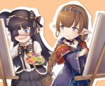  2girls bangs black_hair black_hat blue_eyes blush bow braid brown_hair canvas_(object) capelet choker circlet cloak collar commentary_request dress earrings easel eyepatch flower frilled_dress frills gothic_lolita granblue_fantasy harvin harzerila hat hat_bow hoop_earrings jewelry lolita_fashion long_hair lunalu_(granblue_fantasy) multiple_girls open_mouth paintbrush palette pointy_ears purple_flower ribbon_choker saliva simple_background single_braid striped striped_bow sweatdrop tsuchifumazu 