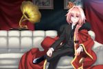  all_male astolfo braids couch crown fang fate/apocrypha fate/grand_order fate_(series) long_hair male pink_hair ponytail purple_eyes suit tie uiu 