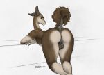  2018 anthro anus backsack balls bent_over butt camelid colored dock ear_piercing ears_back ecmajor edit fur furgonomics furry-specific_piercing greyscale guanaco guiche_piercing hair hi_res horizontal_pupils looking_at_viewer looking_back male mammal monochrome nude perineum piercing presenting presenting_hindquarters raised_tail rear_view santiago simple_background smile snout solo tail_piercing 