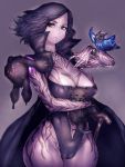  1girl bird black_hair breasts cat commentary devil_may_cry_5 erect_nipples fumio_(rsqkr) genderswap highres large_breasts looking_at_viewer pale_skin purple short_hair solo v_(devil_may_cry) wide_sleeves 