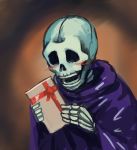  blush chanta_(ayatakaoisii) duel_monster gift happy highres holding holding_gift no_humans pun purple_robe robe skeleton skull_servant white_day yu-gi-oh! 
