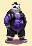  belly biped chubby-shark clothed clothing fur giant_panda jacket male mammal overweight overweight_male pants simple_background smile solo standing ursid ursine 
