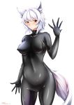  1girl :&lt; animal_ear_fluff animal_ears artist_name bangs black_bodysuit bodysuit breasts collarbone commentary_request covered_navel cowboy_shot erect_nipples eyebrows_visible_through_hair groin hair_between_eyes hand_up highres inubashiri_momiji inyuppo latex_bodysuit looking_at_viewer medium_breasts navel no_hat no_headwear red_eyes shiny shiny_clothes short_hair signature silver_hair simple_background solo standing stomach tail thighs touhou white_background wolf_ears wolf_tail 