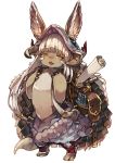  1other :3 animal_ears backpack bag baggy_pants bangs blush bunny_ears chobi_(sakuyasakuhana) claws commentary_request ears_through_headwear fang full_body furry hair_rings helmet horns long_hair made_in_abyss nanachi_(made_in_abyss) nose_blush open_mouth pants pouch scroll sidelocks silver_hair simple_background smile solo standing tail tied_hair very_long_hair whisker_markings white_background yellow_eyes 