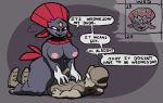  2019 anthro areola big_breasts blush breasts breath bulge claws clothed clothing dialogue domination duo english_text eyelashes fangs female female_domination footwear hat human interspecies kneeling looking_down lying male mammal nintendo nipples nude on_back oofrowdy pok&eacute;mon pok&eacute;mon_(species) pok&eacute;philia red_eyes shirt shoes slightly_chubby smile speech_bubble text thick_thighs toe_claws video_games weavile wide_hips 