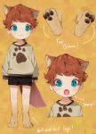  2019 animal_humanoid blue_eyes brown_hair canid canid_humanoid canine canine_humanoid child clothed clothing dog_humanoid english_text hair humanoid male mammal pawpads paws shirt shorts solo text thebrushking young 