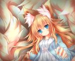  1girl absurdres animal_ear_fluff animal_ears bangs blonde_hair blue_eyes blue_jacket blush commentary_request cotton_swab dress fox_ears fox_girl fox_tail hair_between_eyes highres jacket kyuubi lap_pillow_invitation large_tail long_hair looking_at_viewer macaroni710 multiple_tails original sidelocks smile solo tail very_long_hair white_dress 