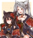  2girls adjusting_another&#039;s_hair bangs black_hair blush chair choker flower fraux gem granblue_fantasy hair_braid hair_flower hair_ornament hair_ribbon long_hair multiple_girls musical_note niia pashi_(pasi_gbf) red_eyes ribbon robe silver_hair sitting twintails yellow_eyes 