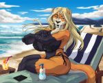  5_fingers anthro beach beverage big_breasts bikini black_fur black_nose blonde_hair breasts clothed clothing cloud curvaceous duo_(artist) eyebrows eyelashes fangs felid feline female fur gloves_(marking) green_eyes hair hi_res long_hair looking_at_viewer mammal markings nipple_outline orange_fur outside parasol sabertooth_(feature) seaside sitting smile socks_(marking) solo sunscreen swimsuit tan_fur thick_thighs three_tone_fur water wide_hips 