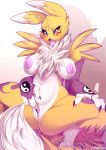  2019 anthro areola armwear black_sclera blue_eyes blush breasts bridal_gauntlets canid canine clitoris clothing digimon digimon_(species) female fur lovepuma69 mammal nipples pussy pussy_juice renamon simple_background solo spread_legs spreading sweat tongue tongue_out white_fur yellow_fur 