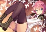  1girl ass baldr_sky black_footwear black_legwear blue_eyes boots brown_background frown full_body kikuchi_seiji long_sleeves looking_at_viewer nagisa_chinatsu panties pantyshot pantyshot_(sitting) pink_hair purple_panties shirt short_hair sitting solo thighhighs underwear white_shirt 