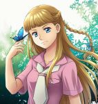  1girl bangs blonde_hair blue_eyes blue_ribbon braid butterfly_on_head crown_braid dress_shirt floating_hair gundam gundam_wing hair_ribbon long_hair mitsucho necktie pink_shirt relena_peacecraft ribbon shiny shiny_hair shirt short_sleeves smile solo upper_body very_long_hair yellow_neckwear 