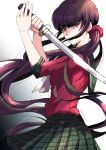  1girl @ artist_name bangs black_hair blunt_bangs commentary_request covered_mouth danganronpa eyebrows_visible_through_hair from_side hair_ornament harukawa_maki holding holding_sword holding_weapon katana long_hair looking_at_viewer low_twintails mole mole_under_eye new_danganronpa_v3 nyangorobei plaid plaid_skirt pleated_skirt red_eyes red_scrunchie red_shirt school_uniform scrunchie serafuku shirt simple_background skirt sleeves_rolled_up solo sword twintails very_long_hair weapon 