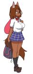  angel_(lightsource) anthro big_breasts breasts brown_eyes brown_fur brown_hair canid canine canis charm clothed clothing domestic_dog eyewear female footwear fur glasses hair hi_res kemono legwear lightsource mammal open_mouth ribbons school_bag school_uniform shirt shoes simple_background skirt smile socks solo uniform 